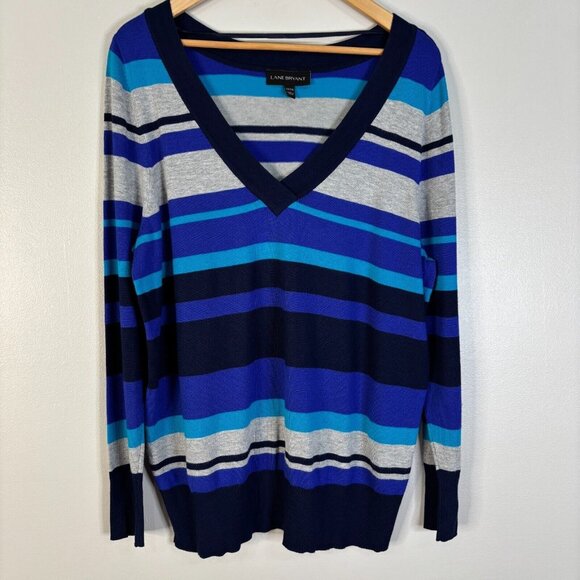 Lane Bryant Sweater 14/16 Blue Gray Striped V-Neck Pullover Stretch Knit Women's - Picture 1 of 11